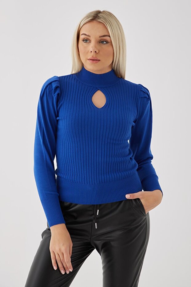 Window Detailed Sweater Cobalt Blue