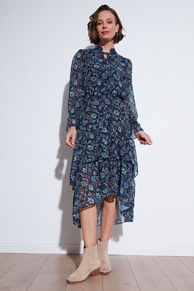 Regular Fit Boyundan Bağlamalı Volanlı Şifon Midi Elbise  ELBİSE 611EL1450 - 3