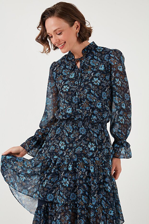 Regular Fit Boyundan Bağlamalı Volanlı Şifon Midi Elbise  ELBİSE 611EL1450 - 5