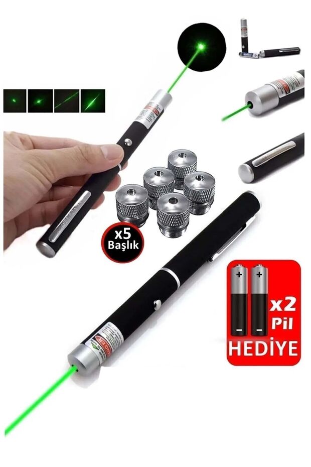 JPR-008 Ultimate 5 Başlıklı Yeşil Lazer Pointer 2 Adet Pil Hediyeli Cep Boy Lazer - 1