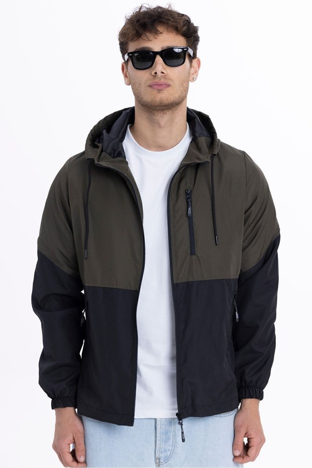 Men's Khaki-Black Two Color Lined Water Resistant Hooded Pocket Raincoat-Windbreaker