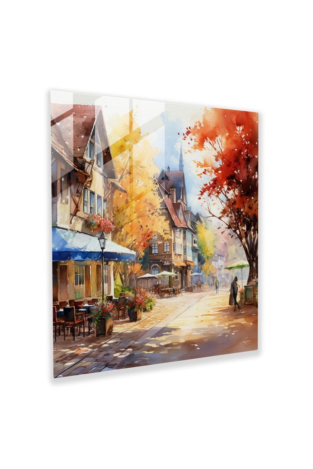 Village Watercolor Glass Painting - Village, Village, Watercolor, Autumn