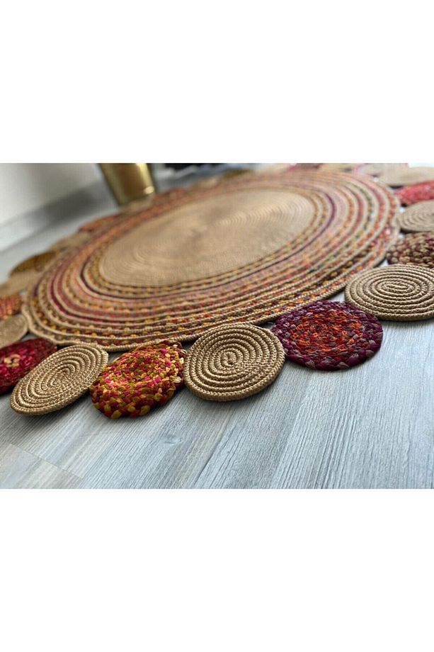 Milda 22 Hasırlı El Örgüsü Çift Taraflı Jüt Kilim Renkli Yuvarlak Jüt Halı - 4