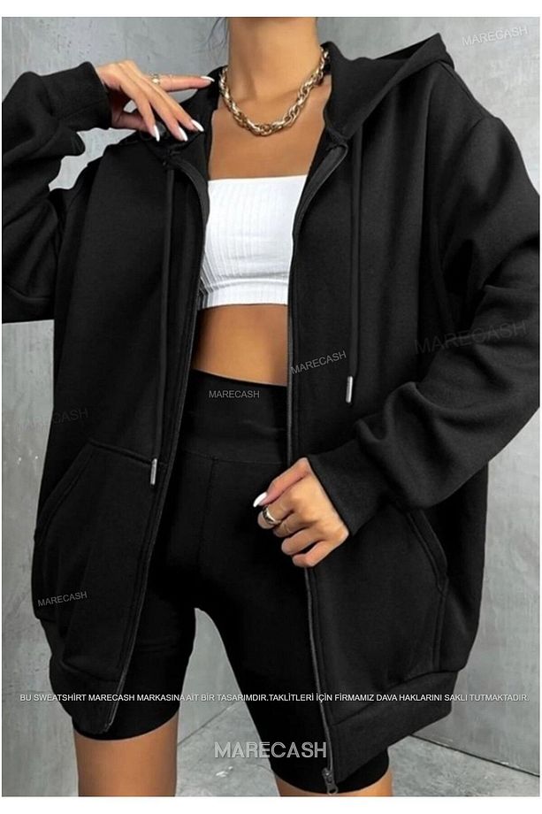 Unisex Siyah Kapüşonlu Oversize Hırka - 1