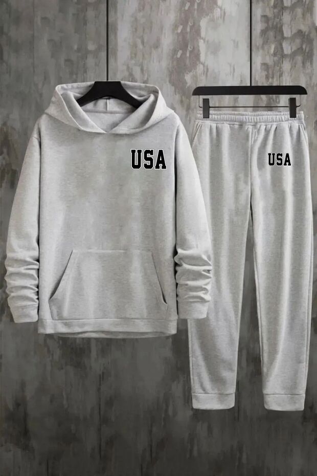 Usa Printed Oversize Gray Sweatshirt and Tracksuit Set
