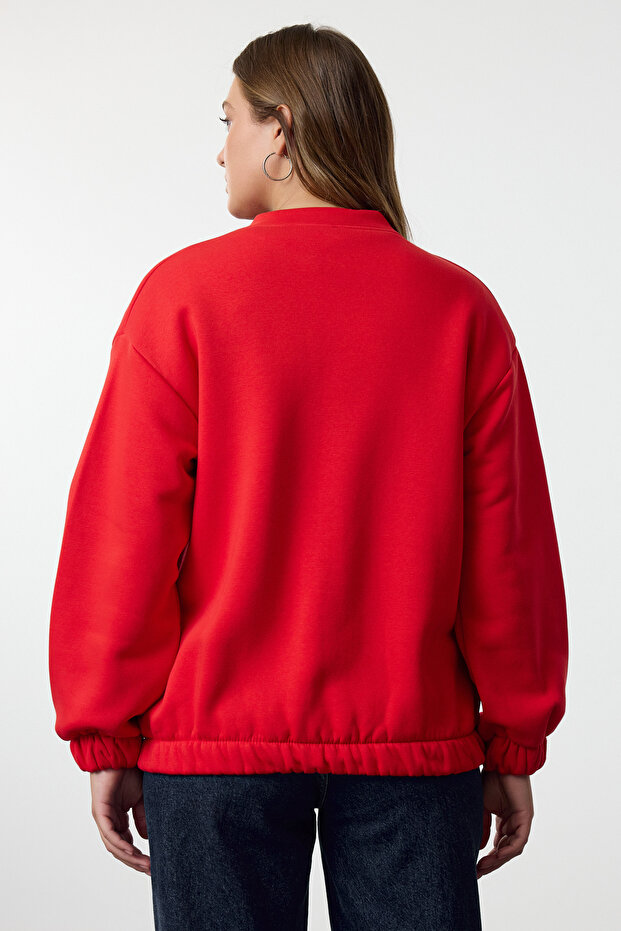 Kırmızı Fermuarlı Oversize/Geniş Kalıp Kalın İçi Polarlı Örme Sweatshirt TWOAW25SW00122 - 5