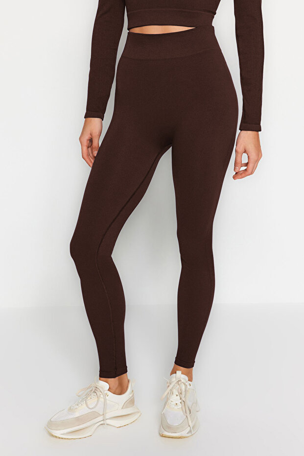 Koyu Kahverengi Seamless/Dikişsiz Tam Boy Örme Spor Tayt TWOAW20TA0071 - 3