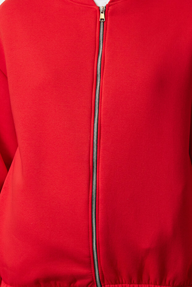 Kırmızı Fermuarlı Oversize/Geniş Kalıp Kalın İçi Polarlı Örme Sweatshirt TWOAW25SW00122 - 3