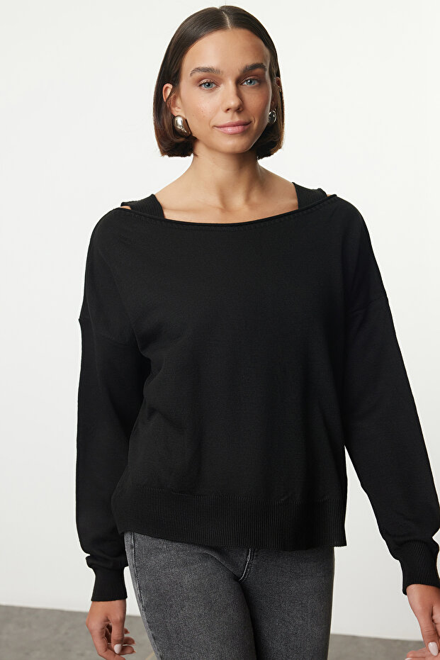 Schwarzer Pullover-Blusen-Doppelanzug Strickpullover TWOAW25KZ00353 - 1