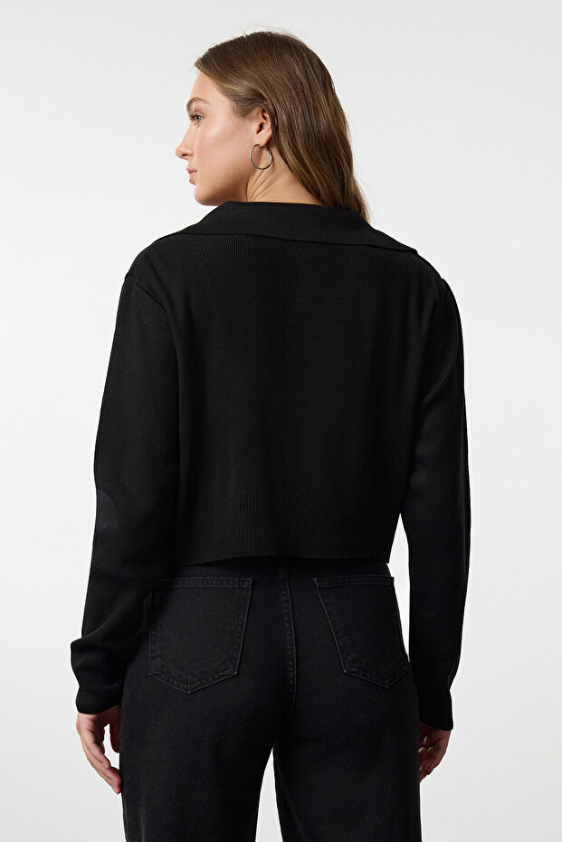 Siyah Crop Polo Yaka İnce Triko Kazak TWOAW25KZ00041 - 5