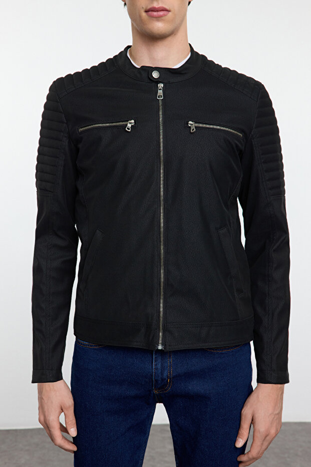 Siyah Slim Fit Fermuar Detaylı Deri Kışlık Rüzgara ve Suya Dayanıklı Biker Ceket Mont TMNAW25MO00046 - 5