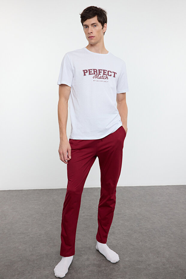 Ekru - Bordo Regular Fit Örme Couple/Çift %100 Pamuklu Pijama Takımı TMNAW25PT00047 - 2
