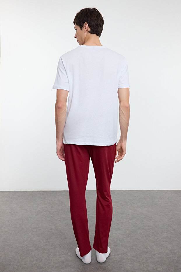 Ekru - Bordo Regular Fit Örme Couple/Çift %100 Pamuklu Pijama Takımı TMNAW25PT00047 - 6
