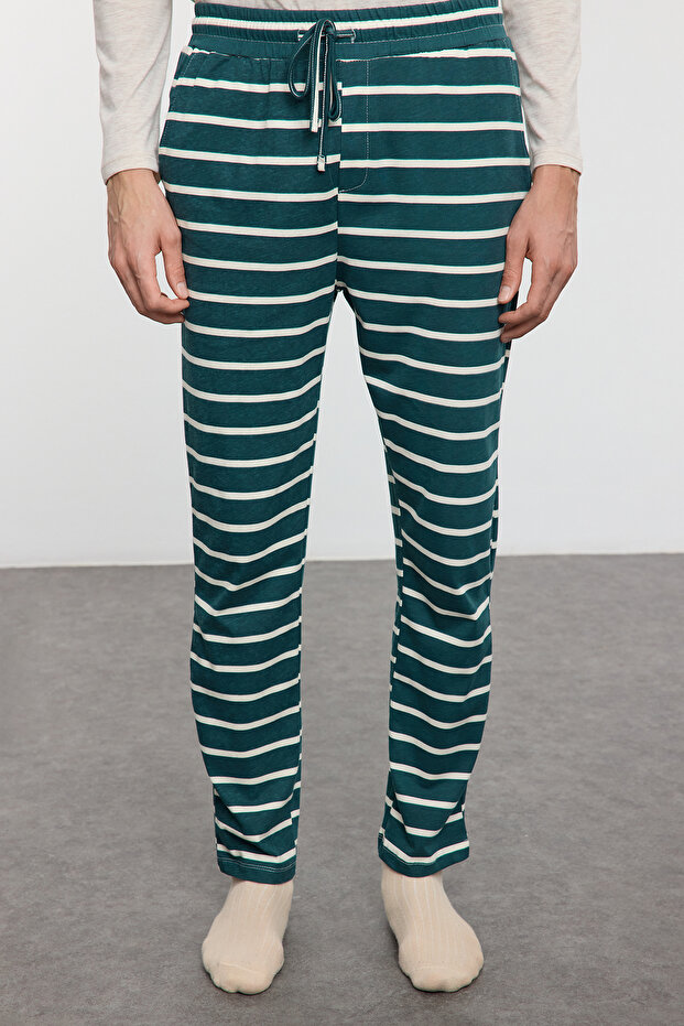Erkek Bej Çizgili Regular Fit Couple Yılbaşı Örme Pijama Takımı TMNAW25PT00045 - 6