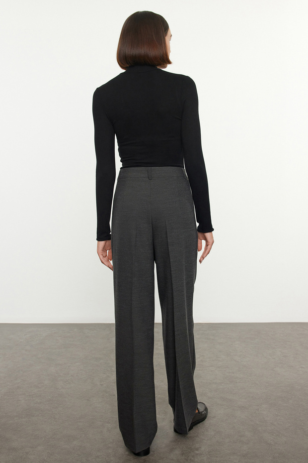 Siyah Straight/Düz Kesim Pilili Kumaş Dokuma Pantolon TWOAW23PL00401 - 6