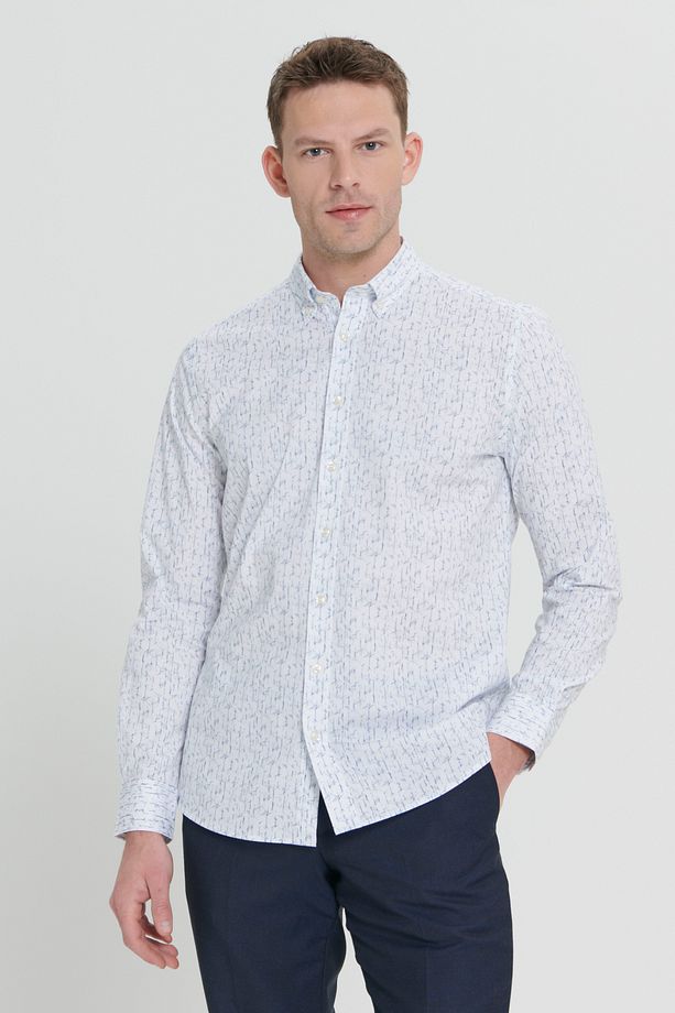 Erkek Beyaz-Lacivert Slim Fit Dar Kesim Klasik Yaka Pamuklu Armürlü Gömlek - 3