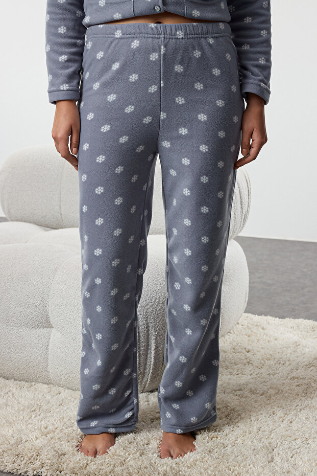 Gri Kış Temalı Cepli Polar Kışlık Örme Pijama Takımı THMAW25PT00071 - 4