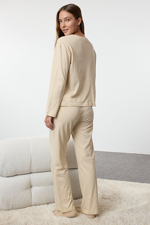Kadın Couple/Çift Bej %100 Pamuklu Kış Yılbaşı Temalı Örme Pijama Takımı THMAW25PT00162 - 6
