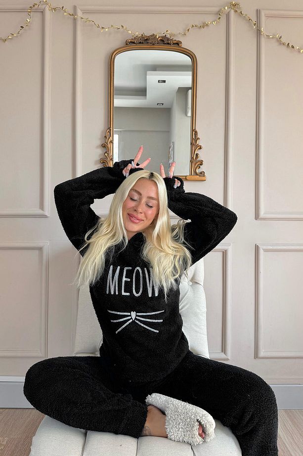 Siyah Meow Desenli Tam Peluş Pijama Takımı - 4