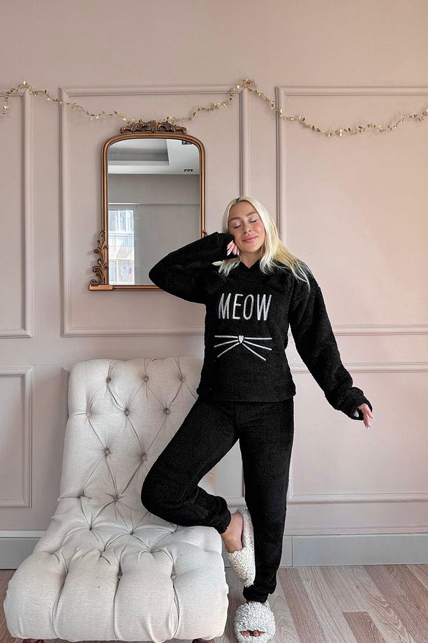 Siyah Meow Desenli Tam Peluş Pijama Takımı - 6