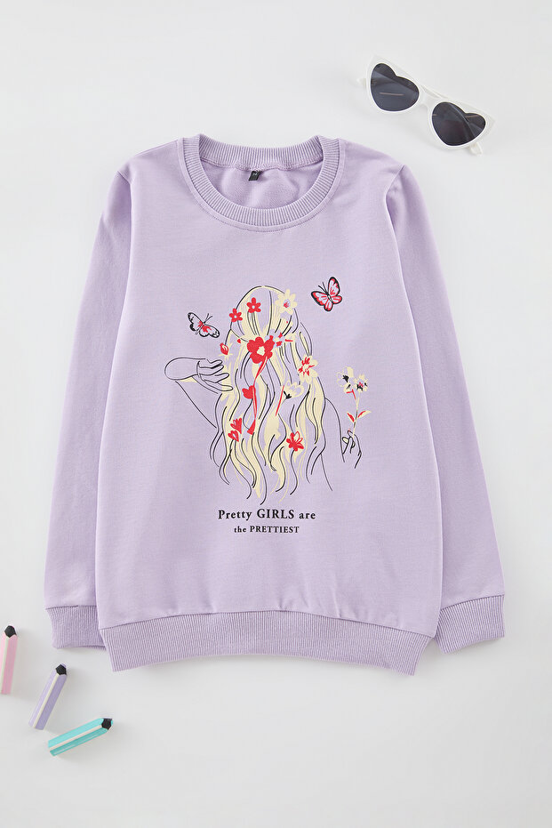 Lila Kız Çocuk Baskılı Bisiklet Yaka Örme Sweatshirt TKDAW25SW00043