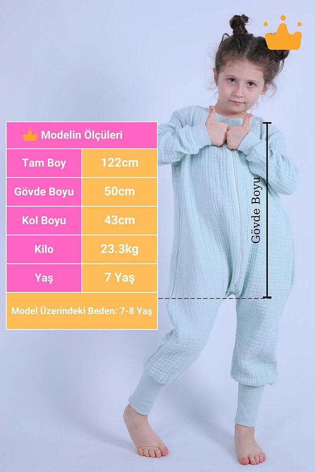 2-8 Yaş 1 Tog 4 Katlı Müslin Çocuk Uyku Tulumu Unisex Uzun Kollu Uyku Tulumu - 6