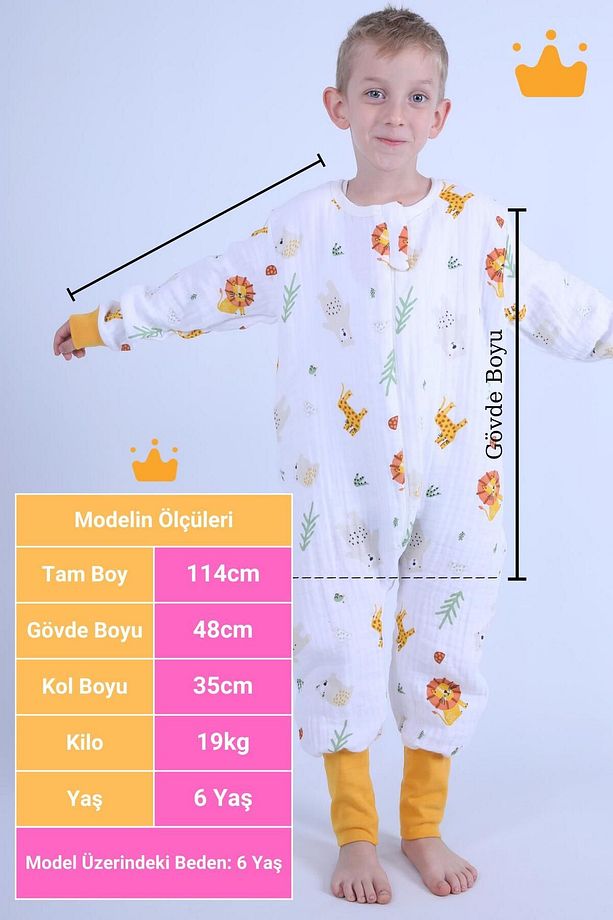 2-8 Yaş 1 Tog 4 Katlı Müslin Çocuk Uyku Tulumu Unisex Uzun Kollu Uyku Tulumu - 3