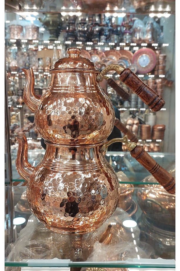 Bakır Çaydanlık & Bakır Demlik El Dövmesi Dövme Desenli Gümüş Bakır Çaydanlık Büyük Aile Boy - 1