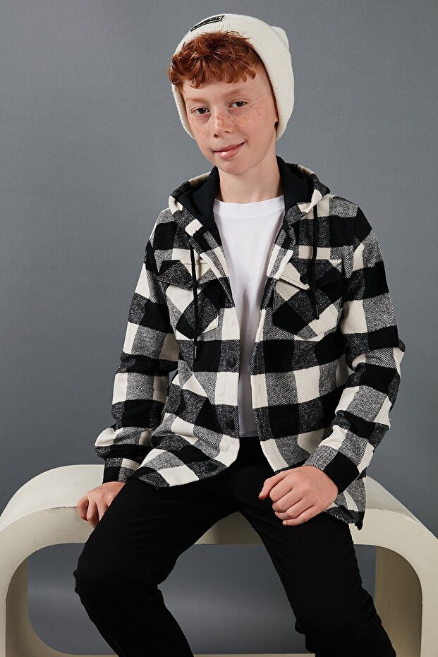 Hooded Double Pocket Plaid Lumberjack Shirt Boy's Shirt Cf25W81787