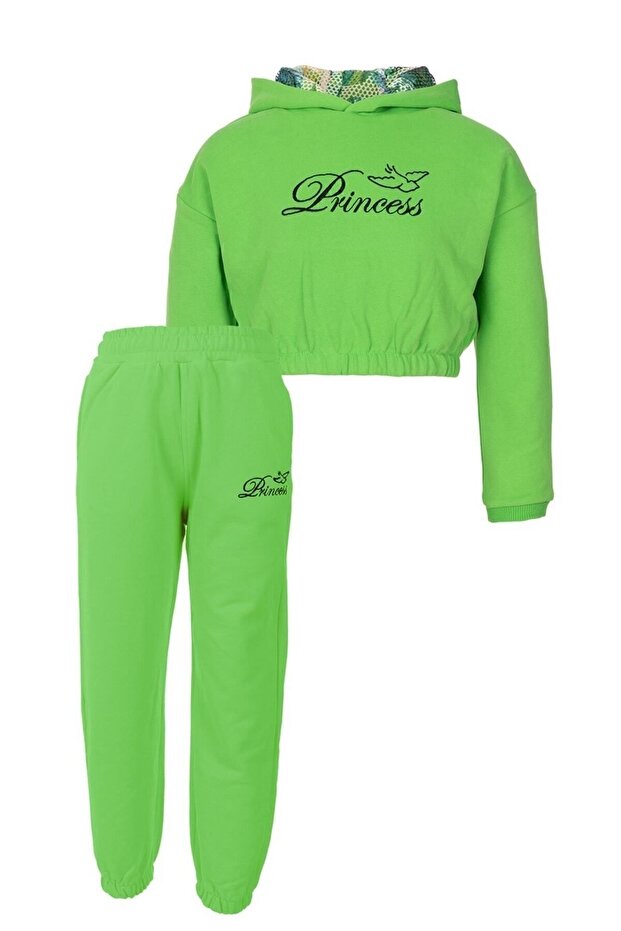 Girl's Green Crop Sweatshirt Trousers Set