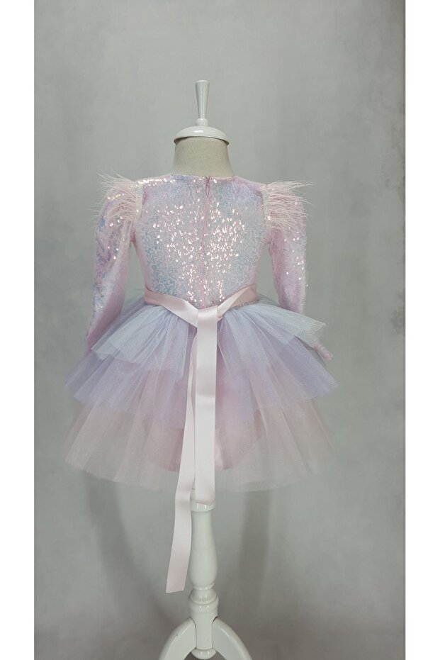 Kız Çocuk Pembe Unicorn Renklerinde Uzun Kol Tütü Elbise - 3