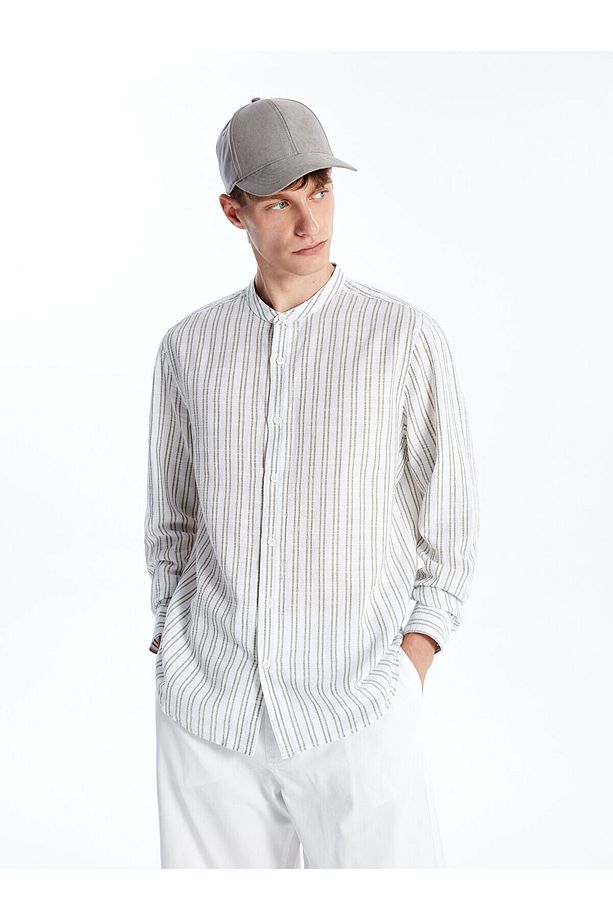 Regular Fit Uzun Kollu Çizgili Poplin Erkek Gömlek - 1