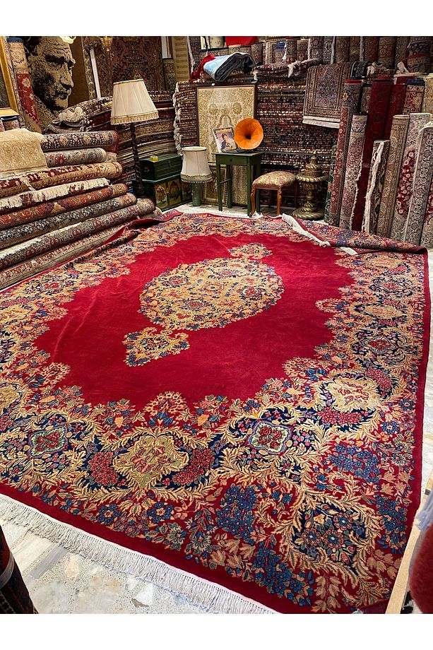El Dokuma Iran Kirman Laver Halısı Imzalı Muazzam Bir Eserdir Ebat 4.50x3.50 - 1