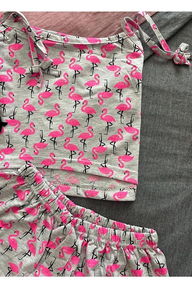 İp Askılı Crop Şortlu Flamingo Desenli  Pijama Takımı - 4
