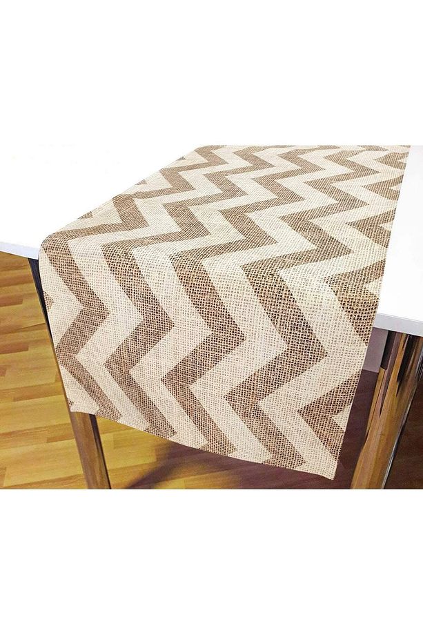 Çuval Görünüm Krem Zigzag Desenli Dekoratif Runner - 1
