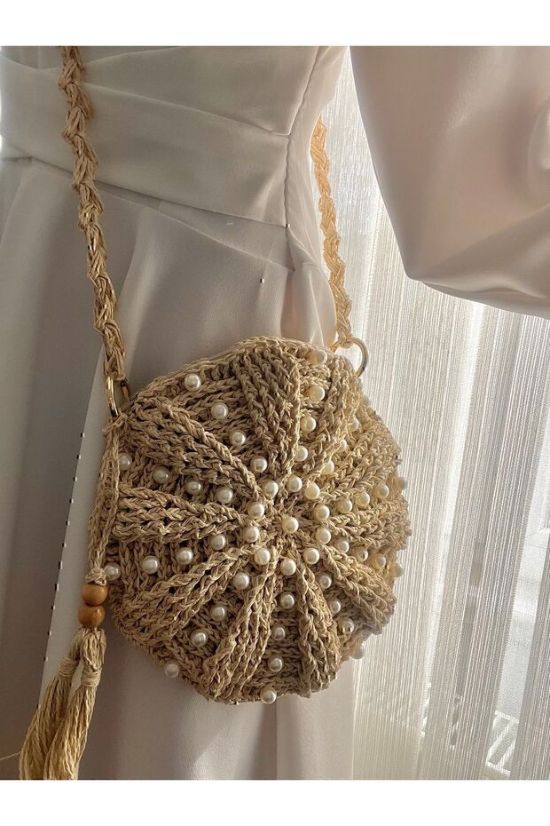 İnci Detaylı Ekru Makaron Çanta / Inci Detaylı Hasır Çanta / Bohem Çanta / El Örgüsü Hasır Çanta - 4