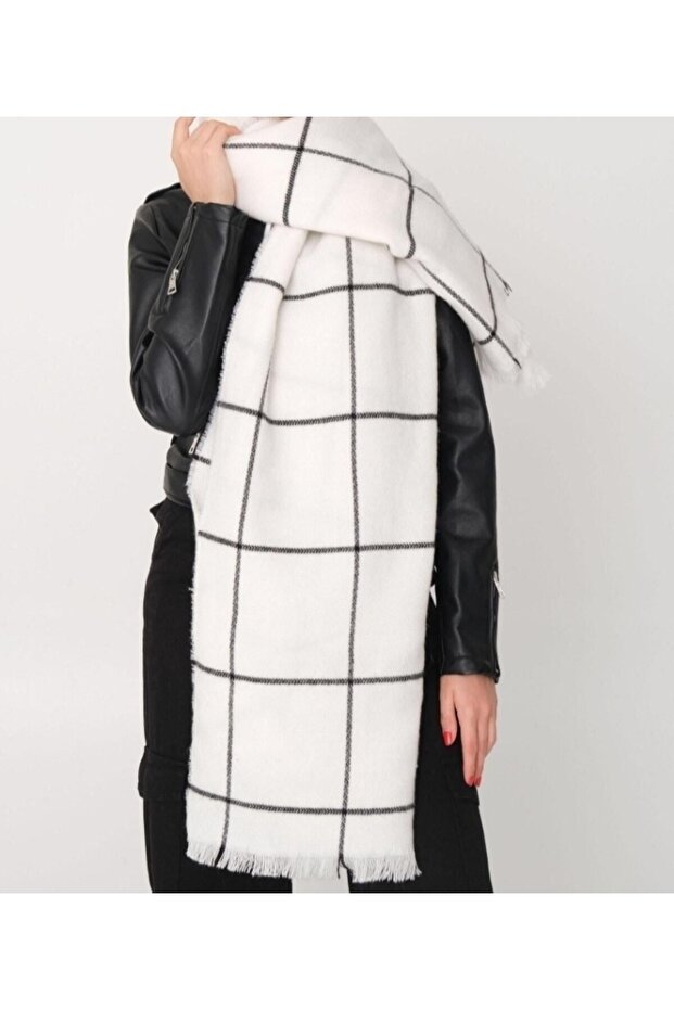 Ecru Square Patterned Shawl - 1