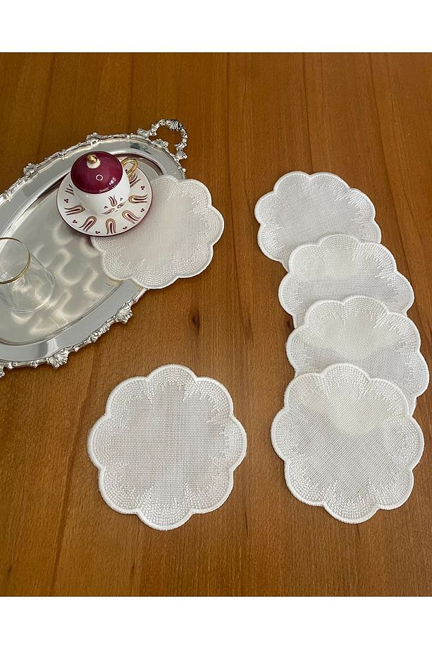 Linen Keten Ekru Renk Şık Zikzak Nakış İşlemeli 6 Adet Kokteyl Sunum Peçetesi - 2