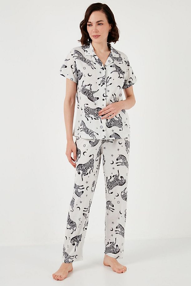Desenli Kısa Kollu Beli Lastikli Gömlek Yaka Dokuma Regular Fit Pijama Takımı Pijama Takı - 3