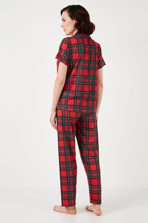 Desenli Kısa Kollu Beli Lastikli Gömlek Yaka Dokuma Regular Fit Pijama Takımı Pijama Takı - 6
