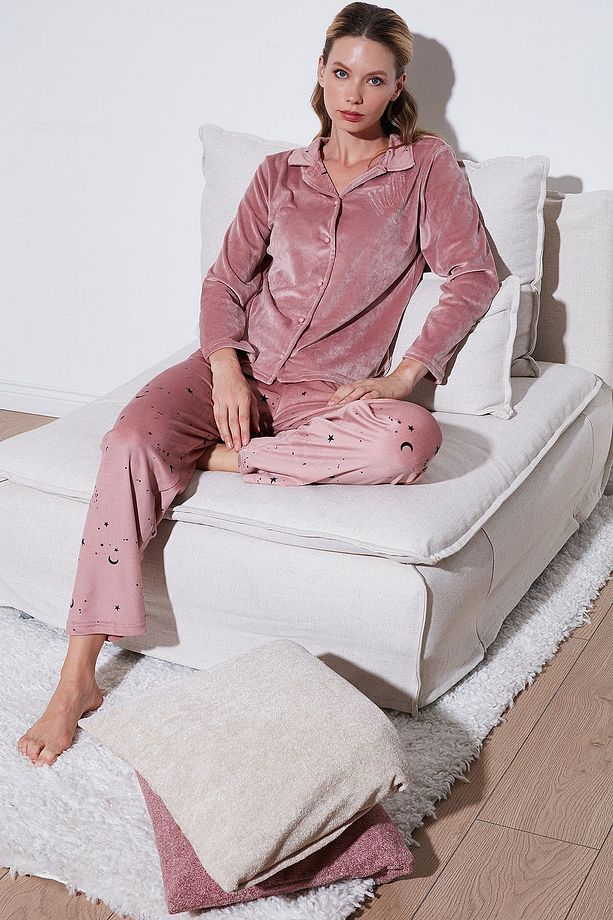 Regular Fit Desenli Parlak Kadife Pijama Takımı  PİJAMA TAKIMI 65713311 - 6