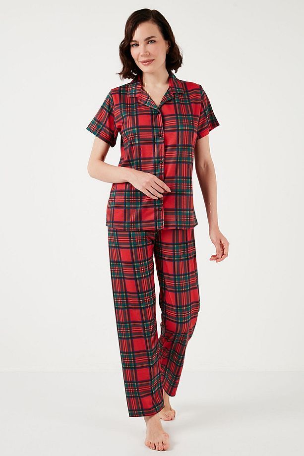 Desenli Kısa Kollu Beli Lastikli Gömlek Yaka Dokuma Regular Fit Pijama Takımı Pijama Takı - 3