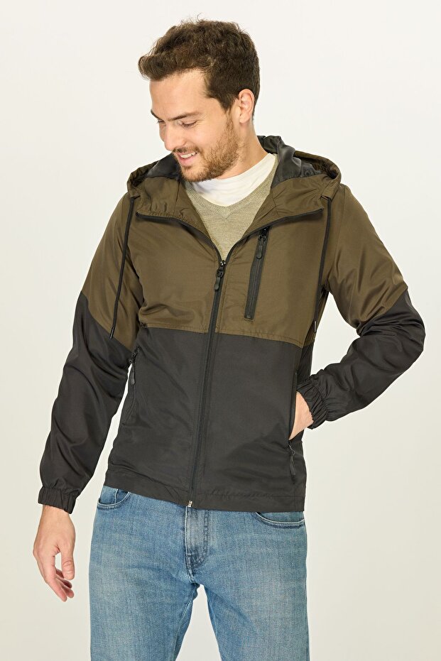 Men's Khaki-Black Two Color Lined Water Resistant Hooded Pocket Raincoat-Windbreaker