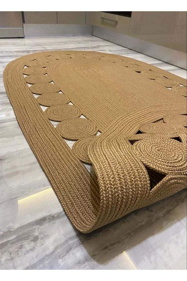 Milda 48 Jüt Hasırlı El Örgüsü Çift Taraflı Kilim Oval Jüt Halı - 5