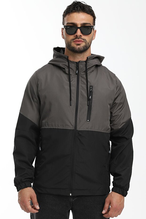 Men's Anthracite- Black Two Color Lined Hooded Pocket Raincoat-Windbreaker