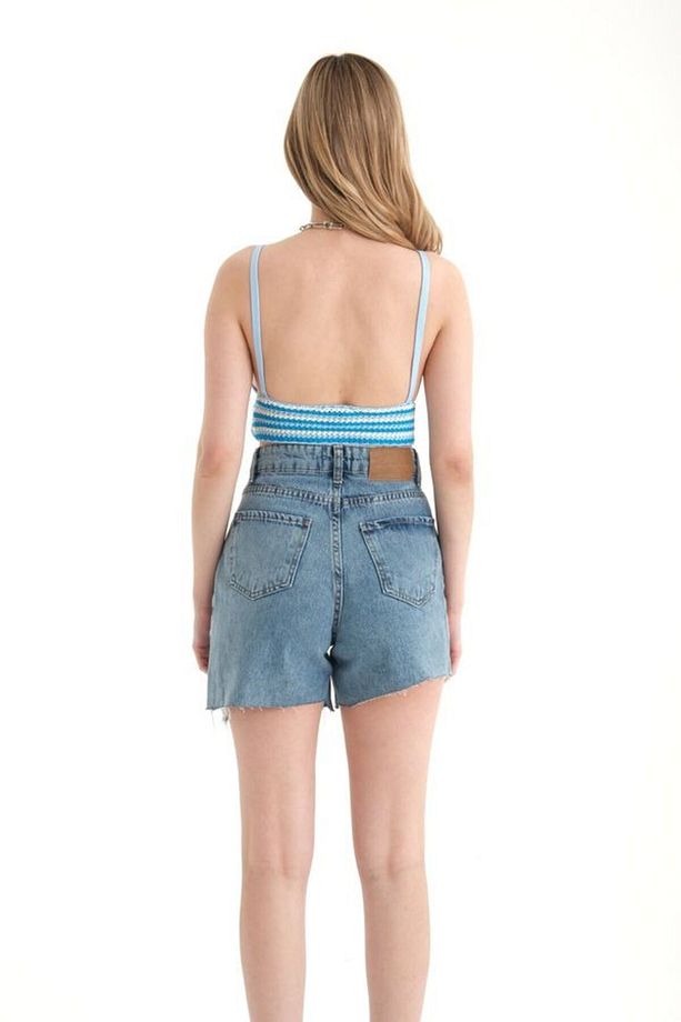 Şeritli V Yaka Örme Kroşe Crop Top - 4