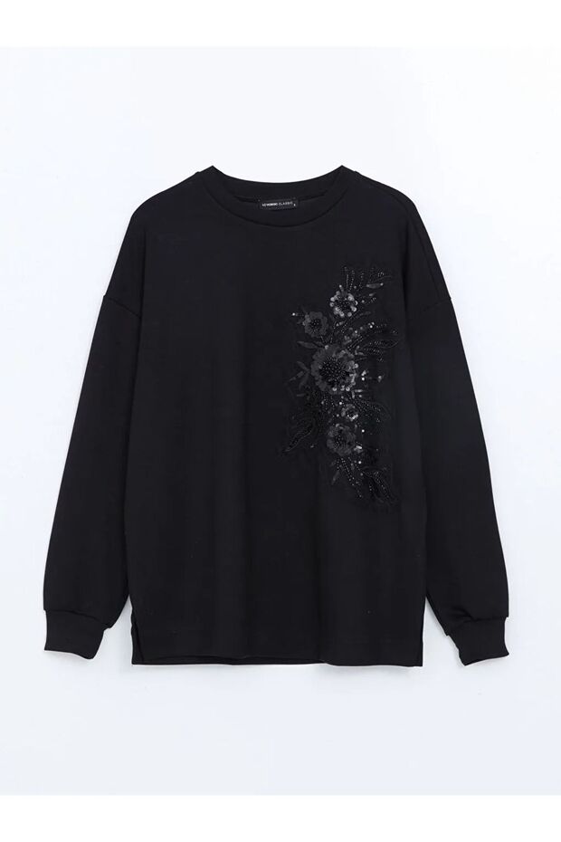 Lcwaikiki Black Oversize Crew Neck Embroidered Women's Sweatshirt