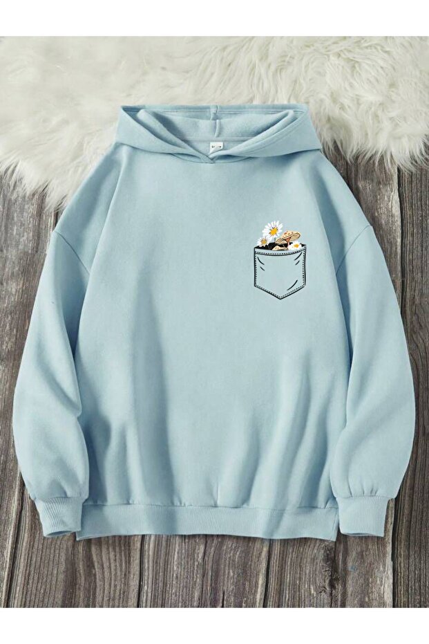 Pocket Floral Printed Hooded Sweatshirt Oversize Wide Fit