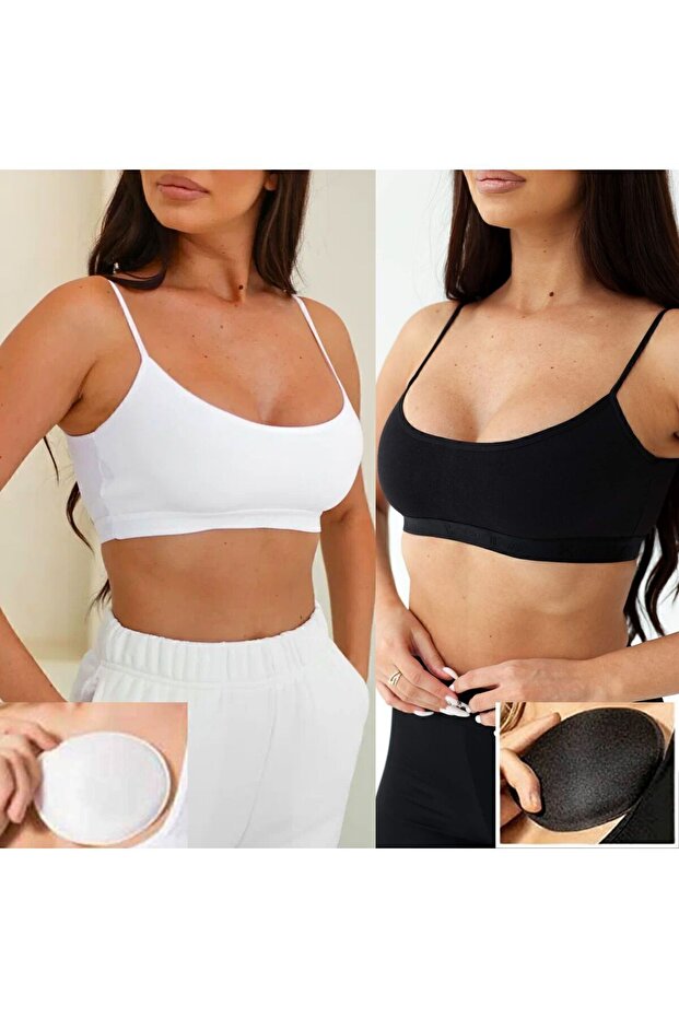 Women's 2 Pieces (1 White, 1 Black) Padded Rope Strap Bustier - Cotton Half Undershirt