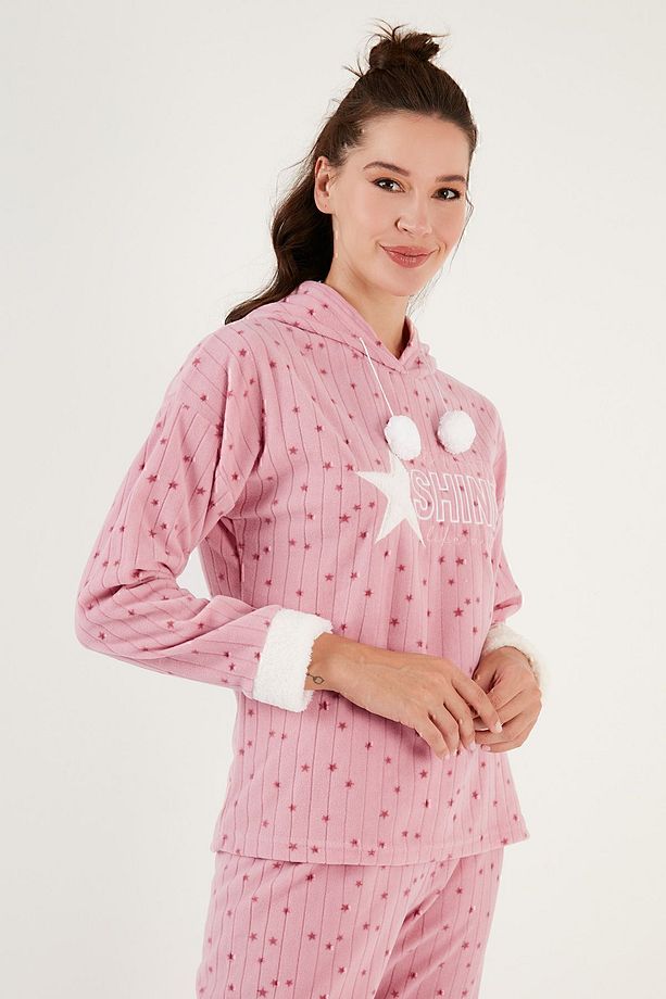 Desenli Regular Fit Kapüşonlu Polar Pijama Takımı PİJAMA TAKIMI 6571004 - 6